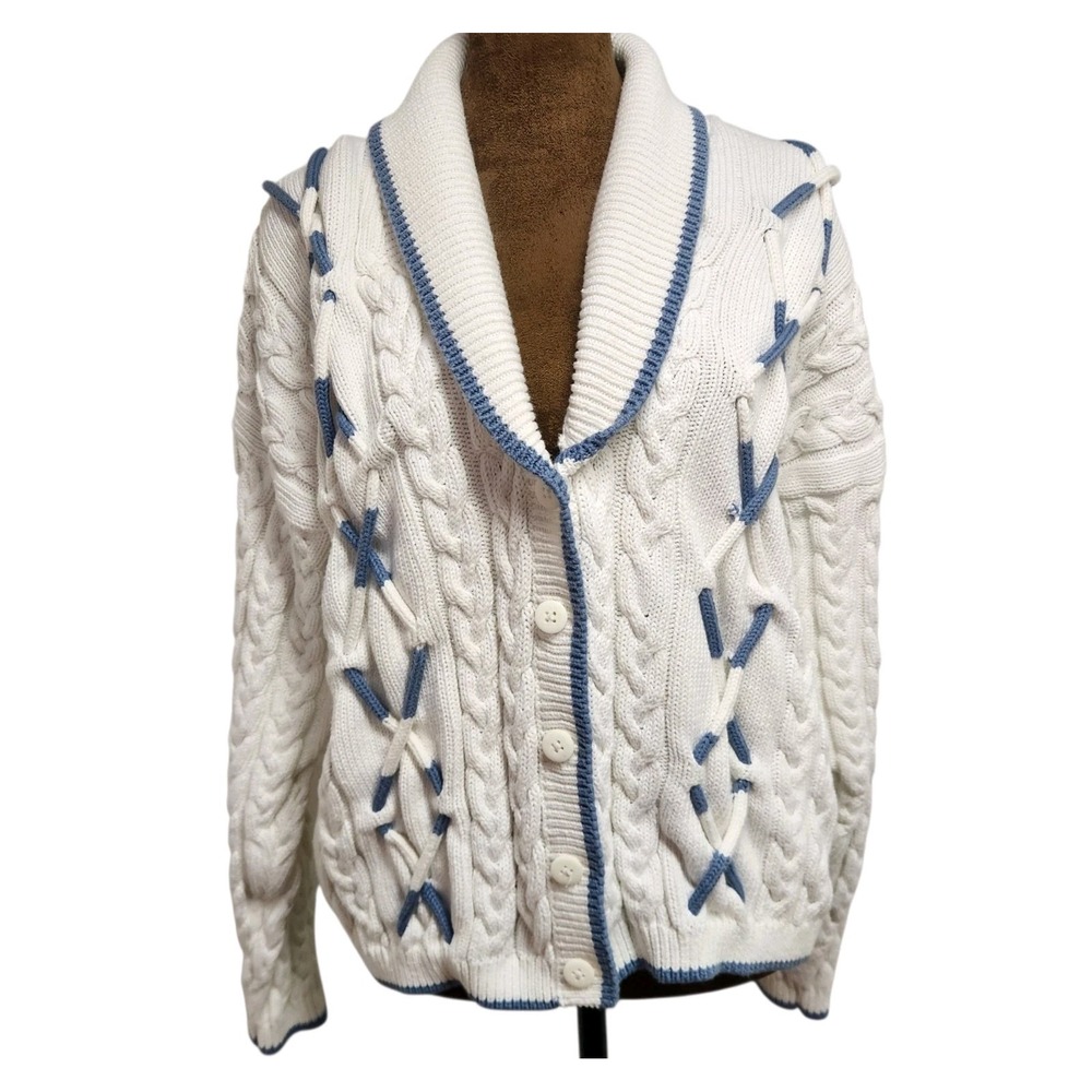 90's Vintage Women Chunky Cable Knit Cardigan Size M Blue White Preppy Academia